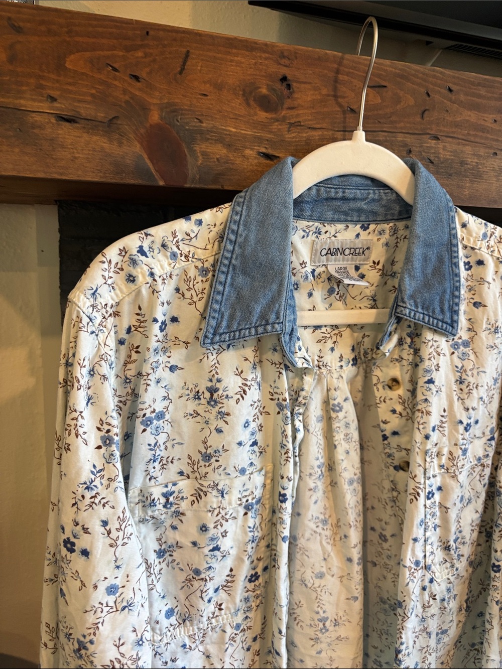 Cream Floral Button-Down with Denim Collar - Picture 2 of 5